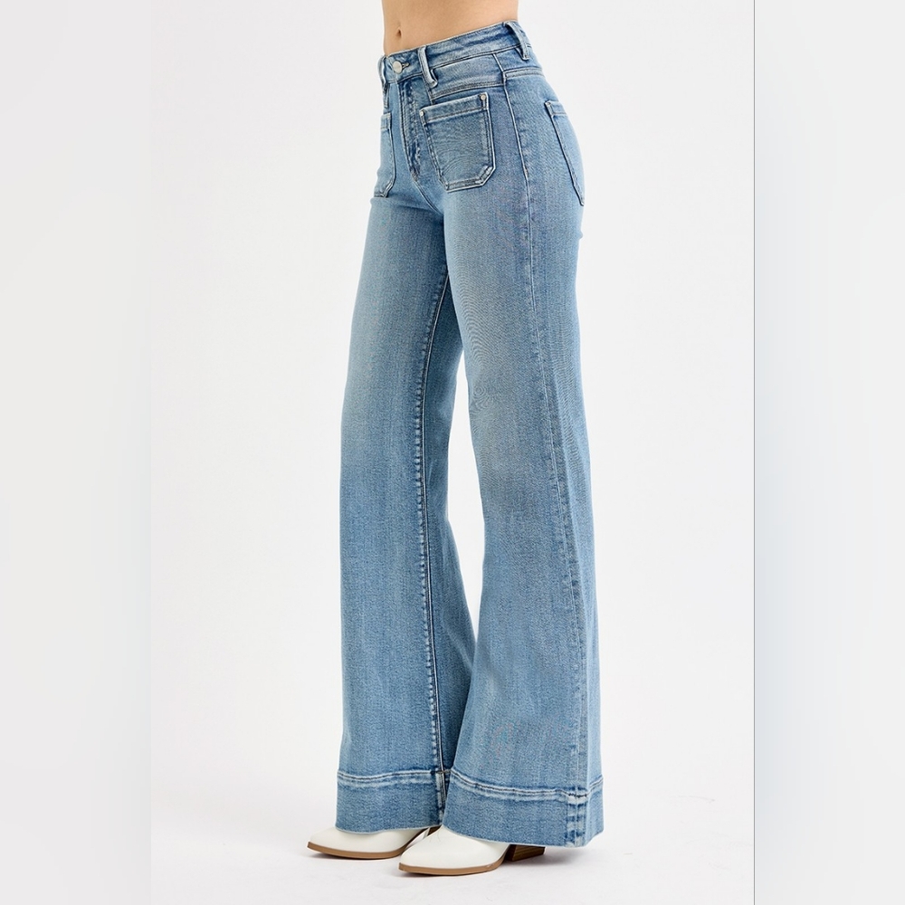RISEN High-Rise Retro 70s Flare Leg Wide Released Hem Pants Slim Fit Denim Jeans